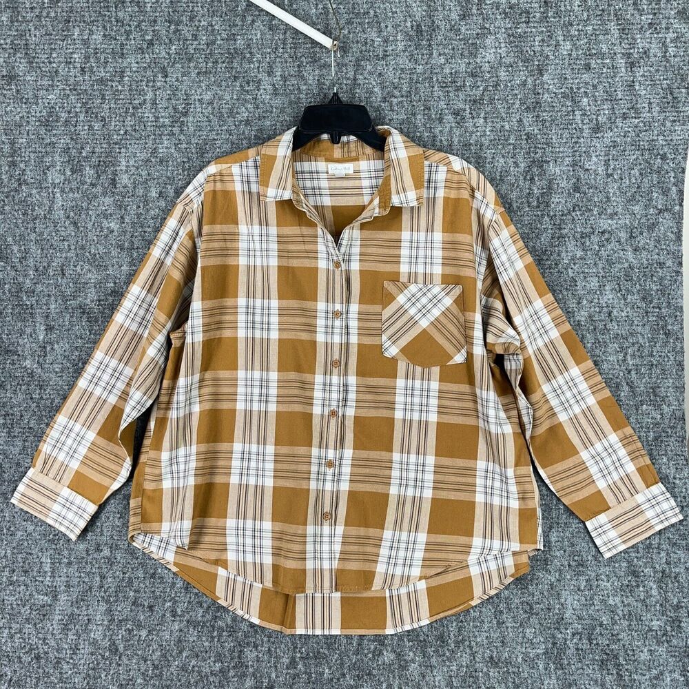 Garnet Hill Mustard and White Plaid Button-Down Shirt